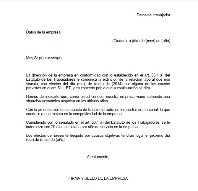 Ejemplo de carta de despido objetivo  Carta de despido