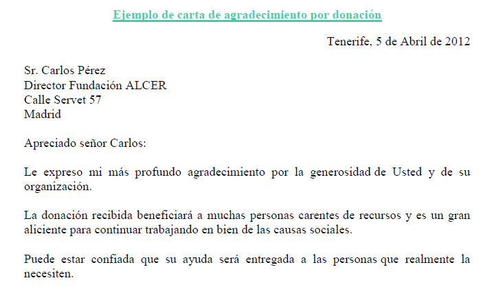 Ejemplo de carta de agradecimiento por donación  Ejemplos 