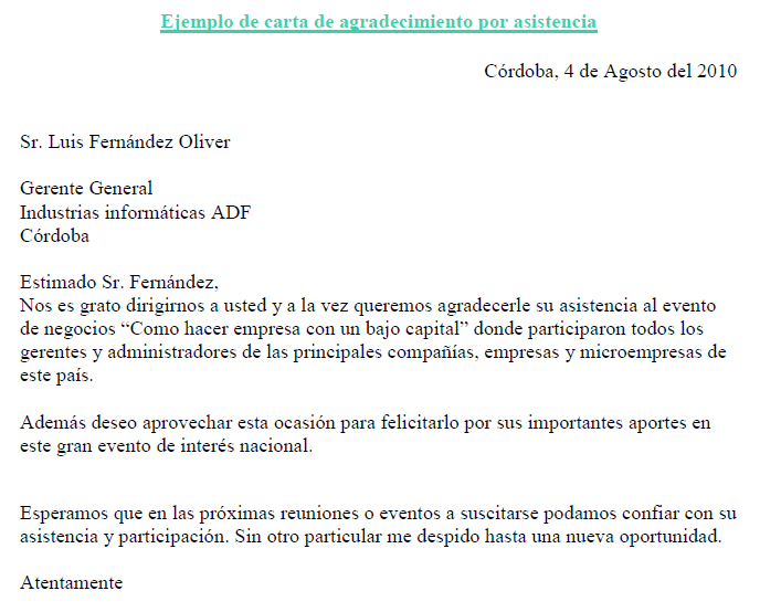 Ejemplo de carta de agradecimiento por asistencia 