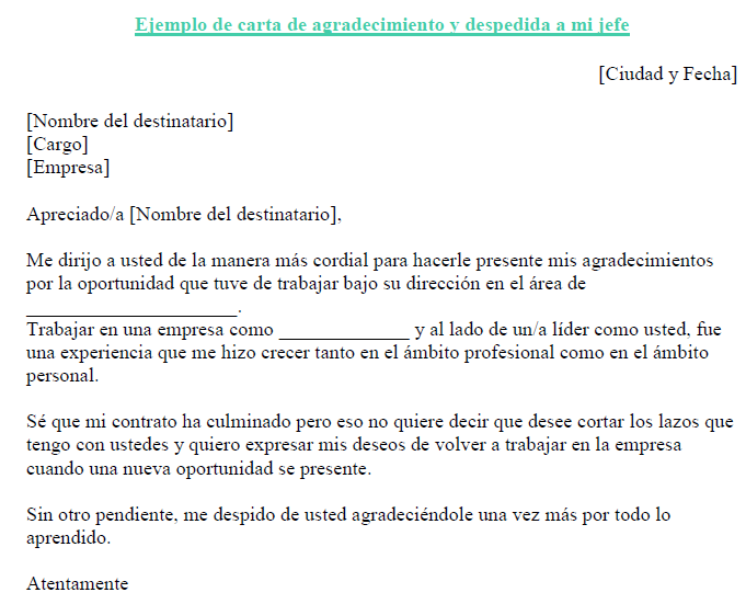 carta agradecimiento y despedida a mi jefe