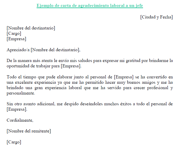 Carta agradecimiento laboral jefe  Ejemplos de carta