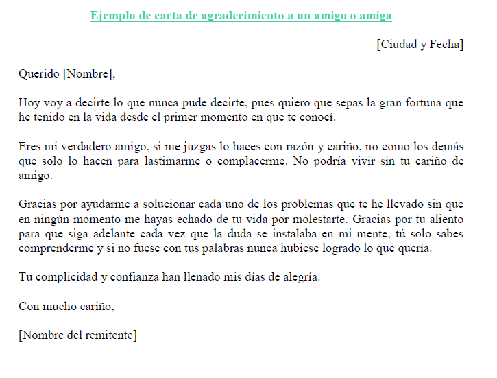 Ejemplo de carta de agradecimiento a un amigo o amiga 