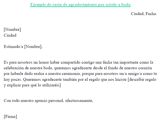 Ejemplo de carta de agradecimiento por asistir a una boda 