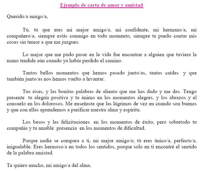 Ejemplo de carta de amor y amistad  Ejemplos de carta