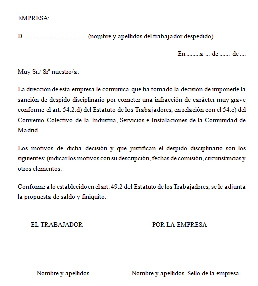 Modelo de carta para despido disciplinario