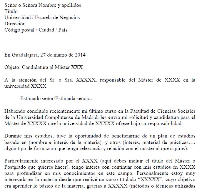 Carta de presentación para máster o posgrado