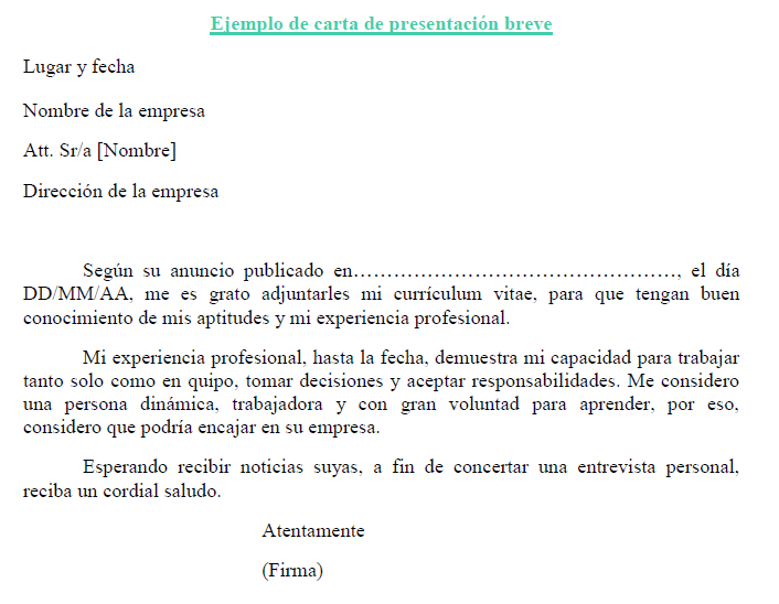 Ejemplo de carta de presentación breve  Plantilla de carta