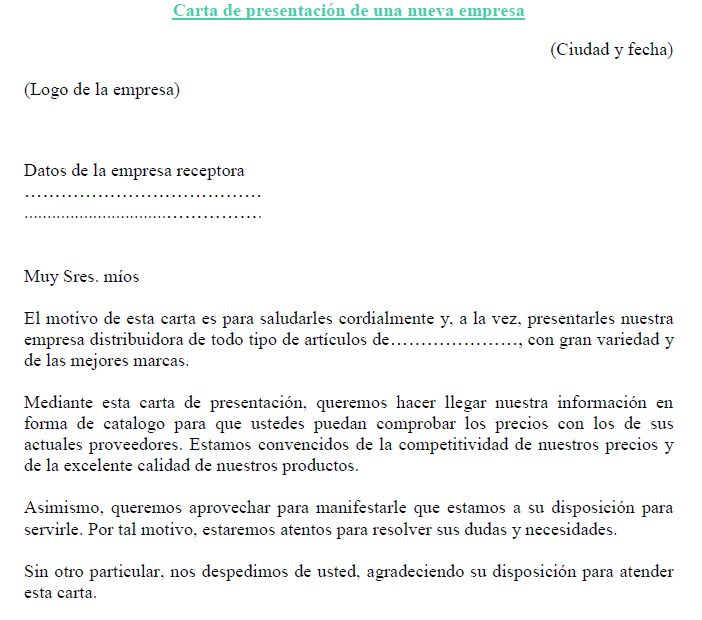 Ejemplo de carta de presentación de una nueva empresa 