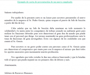 Ejemplo de carta de presentación de un nuevo empleado  Carta