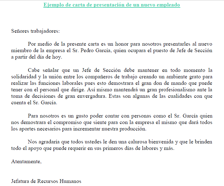 Ejemplo de carta de presentación de un nuevo empleado  Carta