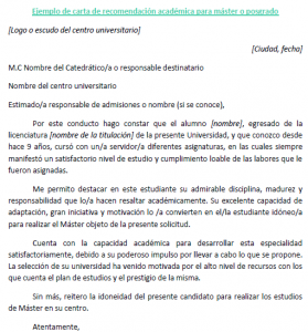 Ejemplo de carta de recomendación académica para máster 