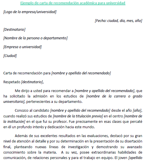 Carta recomendacion academica universidad  Ejemplos de carta