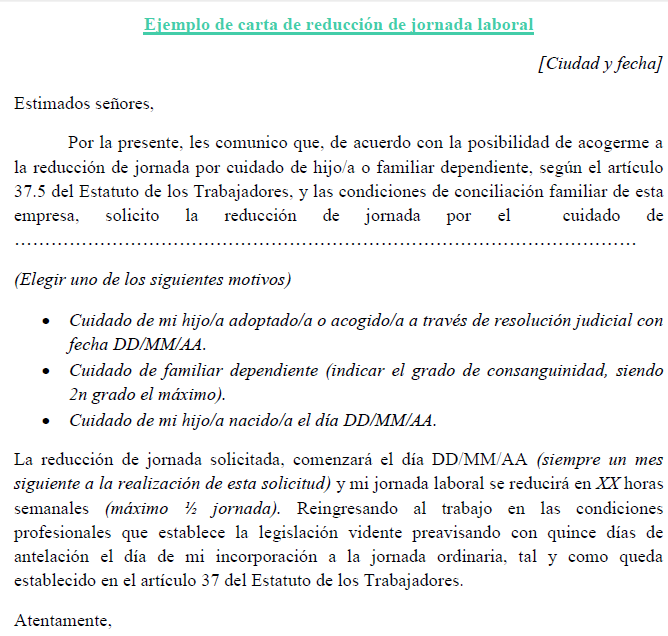 Ejemplo de carta de reducción de jornada laboral 