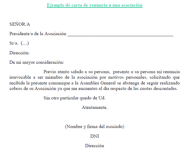 Ejemplo de carta de renuncia a una asociación ⬇️