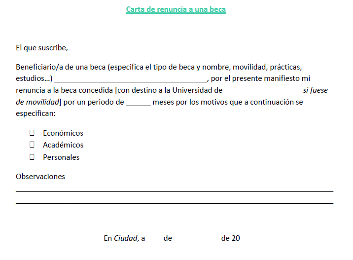 Ejemplo de carta de renuncia a una beca | Ejemplos de carta