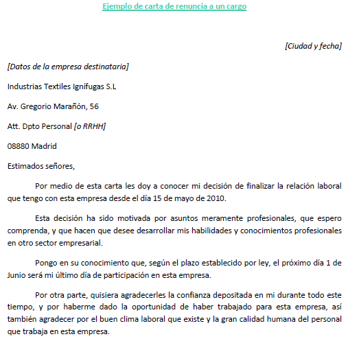 Ejemplo de carta de renuncia a un cargo  Ejemplos de carta