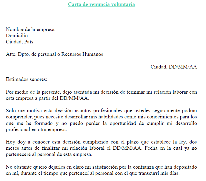 Ejemplo de carta de renuncia voluntaria  Ejemplos de carta