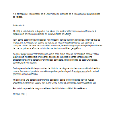 Ejemplo carta de motivación para solicitar beca Sicue-Séneca