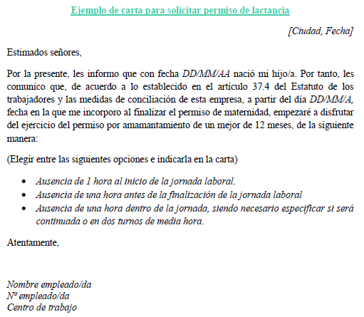 Ejemplo de carta para solicitar permiso de lactancia 