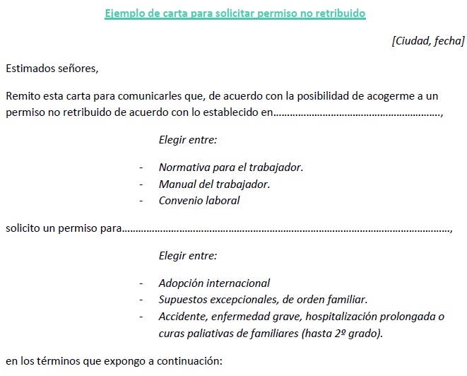 Carta solicitar permiso no retribuido  Ejemplos de carta