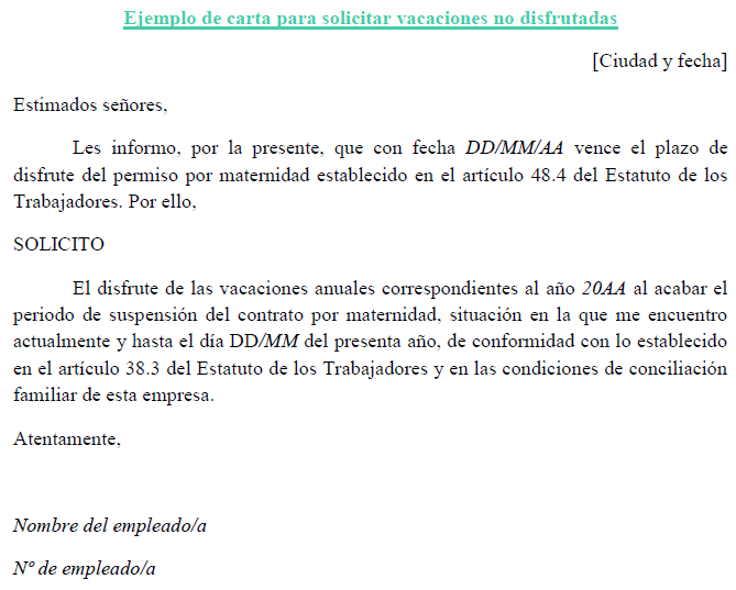 Ejemplo de carta para solicitar vacaciones no disfrutadas 