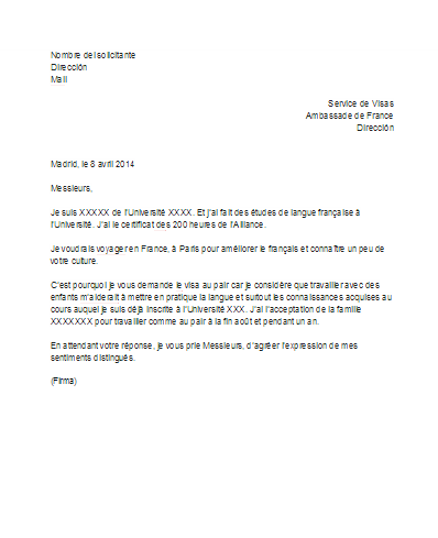 ejemplo carta motivacion para solcitar visado en francia