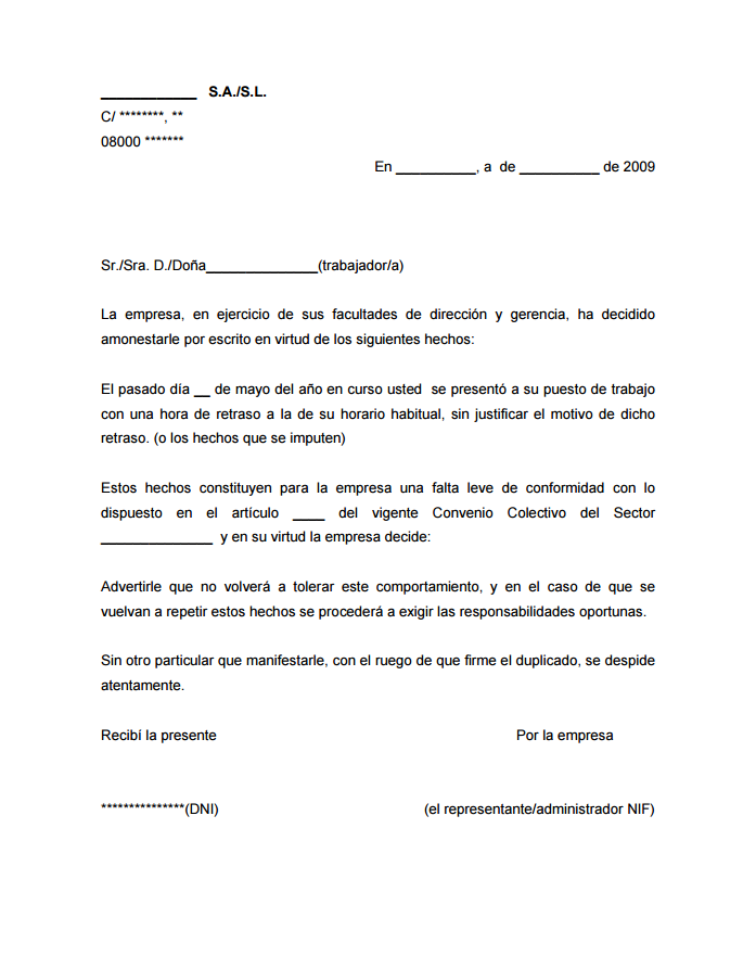 Ejemplo de carta de amonestación por escrito al trabajador 