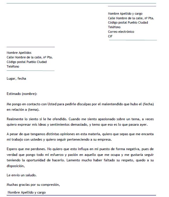 Ejemplo de carta de disculpa a un jefe