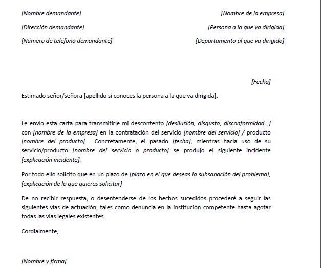 Ejemplo de carta de reclamación genérica  Carta de queja