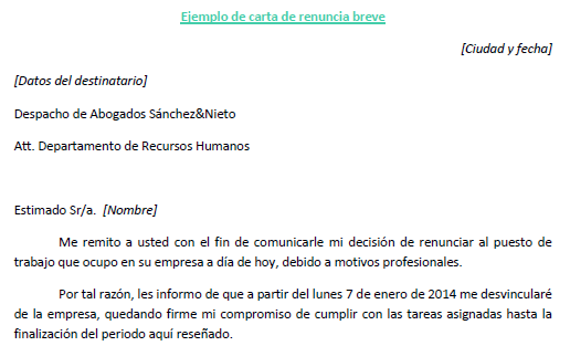 Ejemplo de carta de renuncia breve  Ejemplos de carta