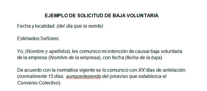 Modelo de carta de baja voluntaria baja voluntaria a un 