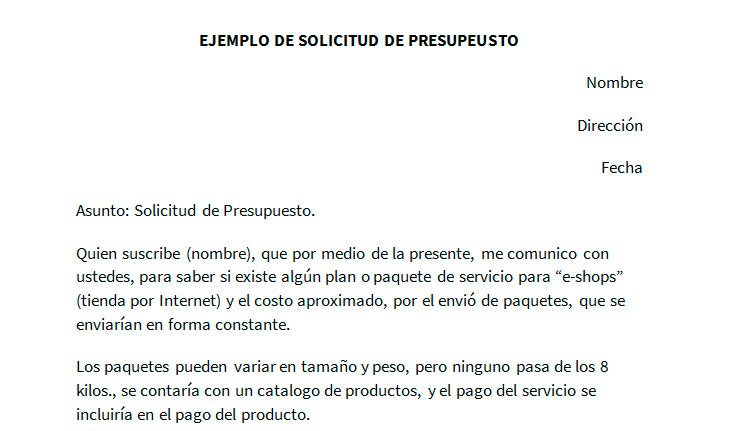 Ejemplo de solictiud de presupuesto  Modelo de solicitud