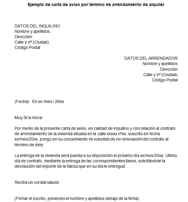 Ejemplo De Carta De Aviso De Termino De Contrato De Arriendo