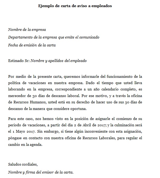 Ejemplo de carta de aviso a empleados  Modelos de cartas 