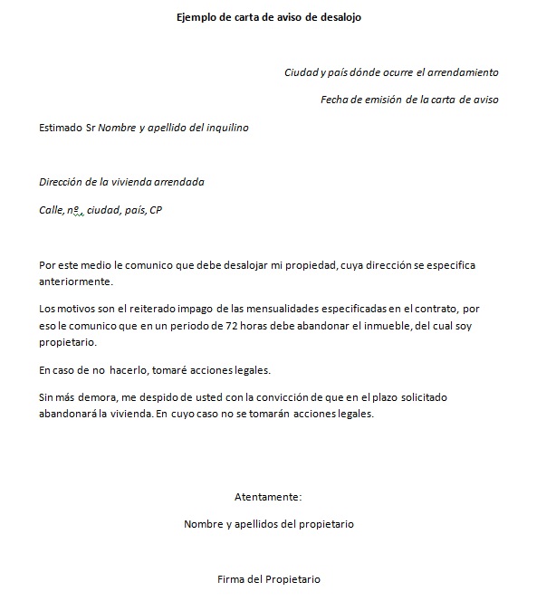 Ejemplo de carta de aviso de desalojo  Modelo de carta de 