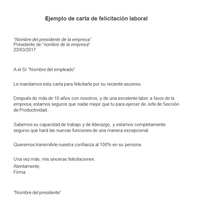 Carta de felicitación laboral por buen Trabajo o por ascenso