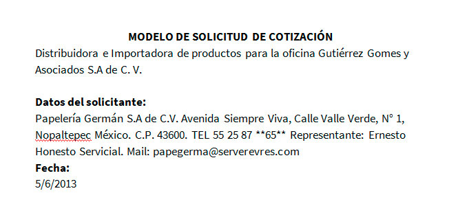 Modelo de solicitud de cotización  Ejemplo de solicitud