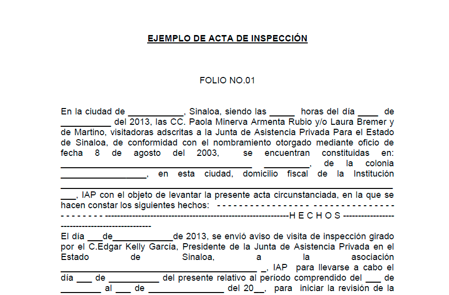 Ejemplo de acta de inspección  Modelo de acta de inspección