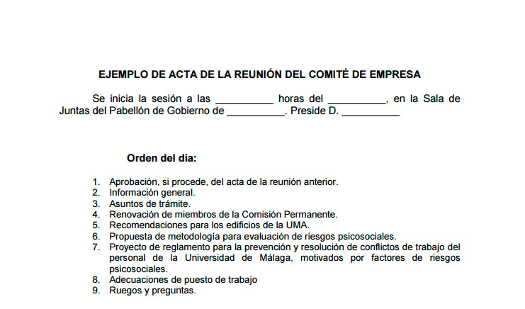 Ejemplo de acta de reunión de comité de empresa  Empresa