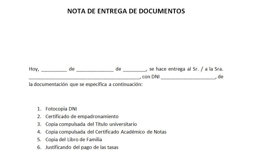 Ejemplo de nota de entrega de documentos  Notas de entrega