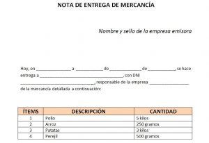 Modelo de nota de entrega de mercancía